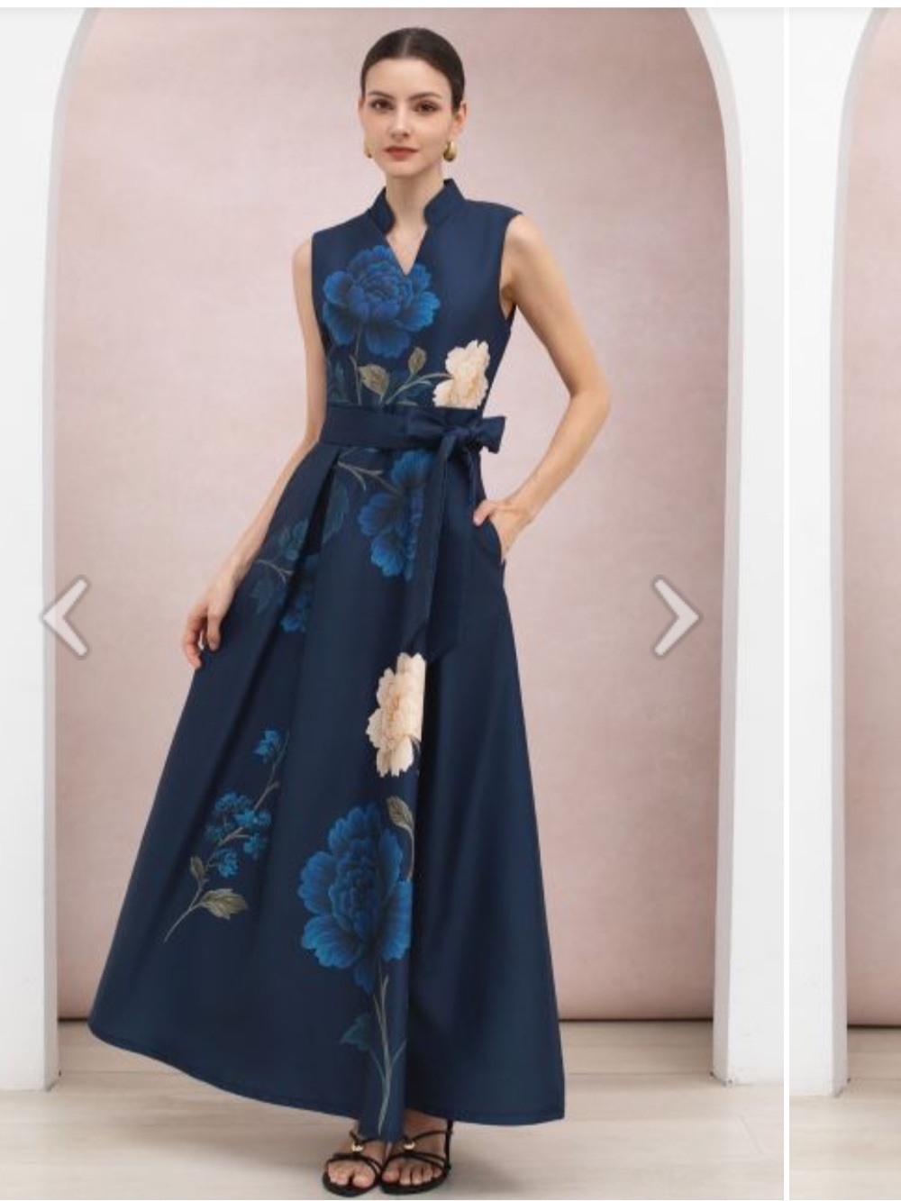 Navy Floral Satin Tie Waist Maxi Dress with Blue and Cream Peony Blooms